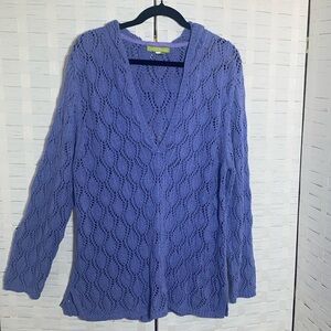 Sigrid Olsen Periwinkle V Neck Hooded Crochet Long Sleeve Top Size XL